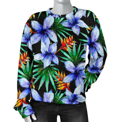 Blue Hawaiian Wildflowers Pattern Print Women's Crewneck Sweatshirt GearFrost