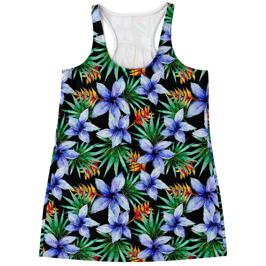 Blue Hawaiian Wildflowers Pattern Print Women's Racerback Tank Top