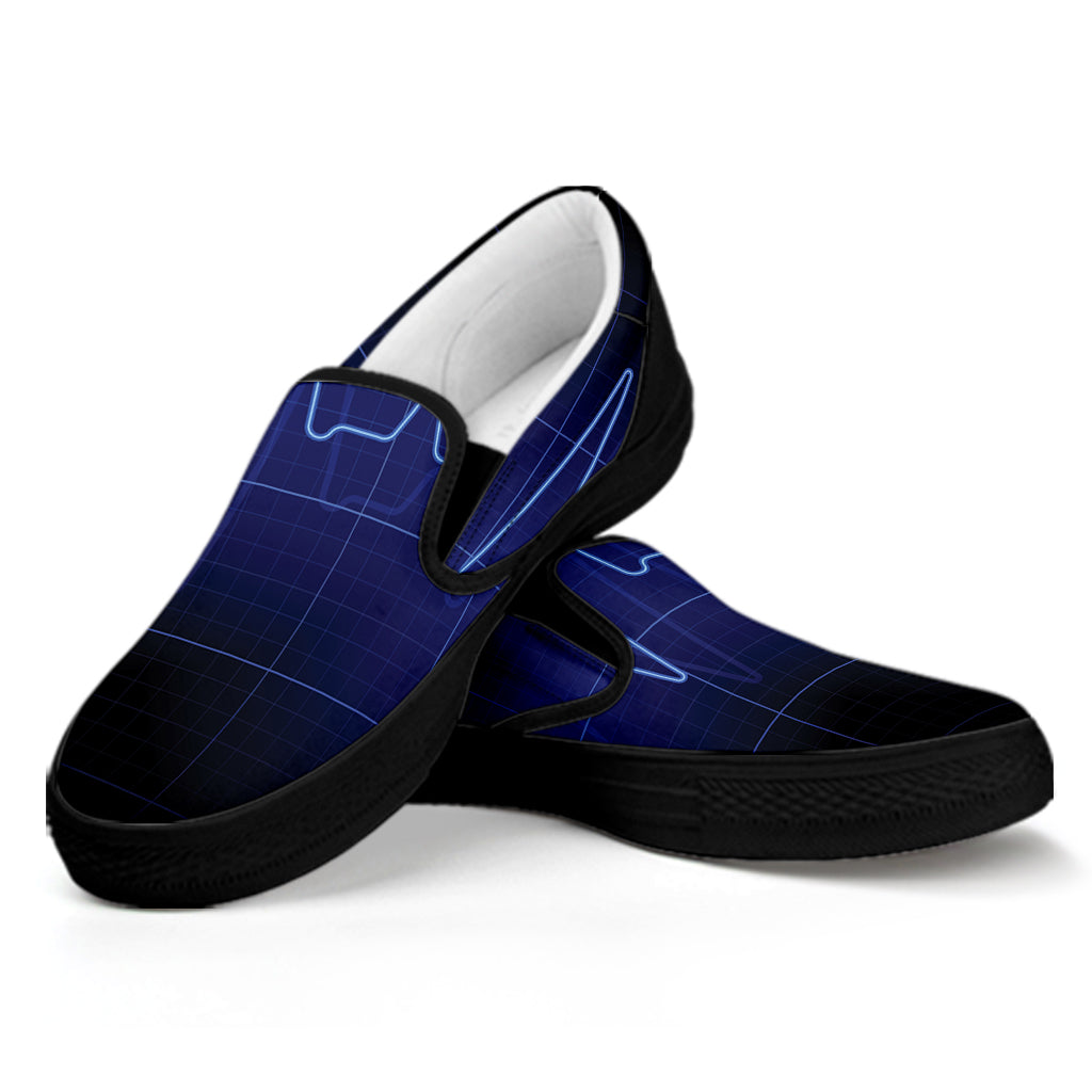 Blue Heartbeat Print Black Slip On Shoes