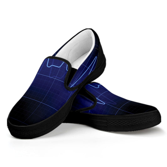 Blue Heartbeat Print Black Slip On Shoes