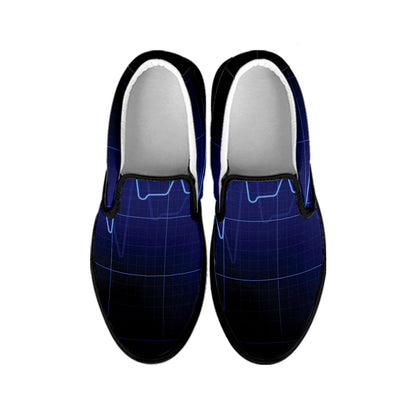 Blue Heartbeat Print Black Slip On Shoes