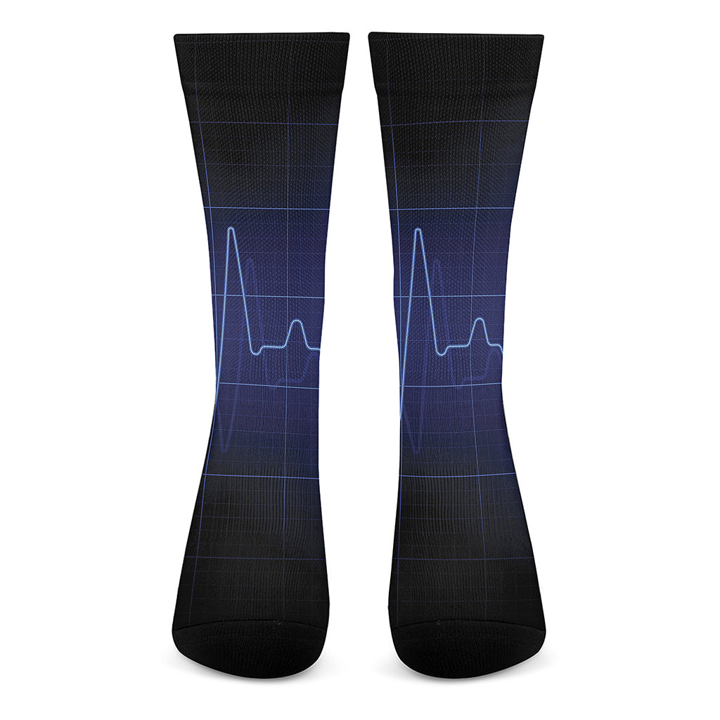 Blue Heartbeat Print Crew Socks