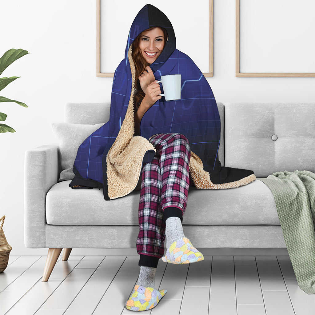 Blue Heartbeat Print Hooded Blanket