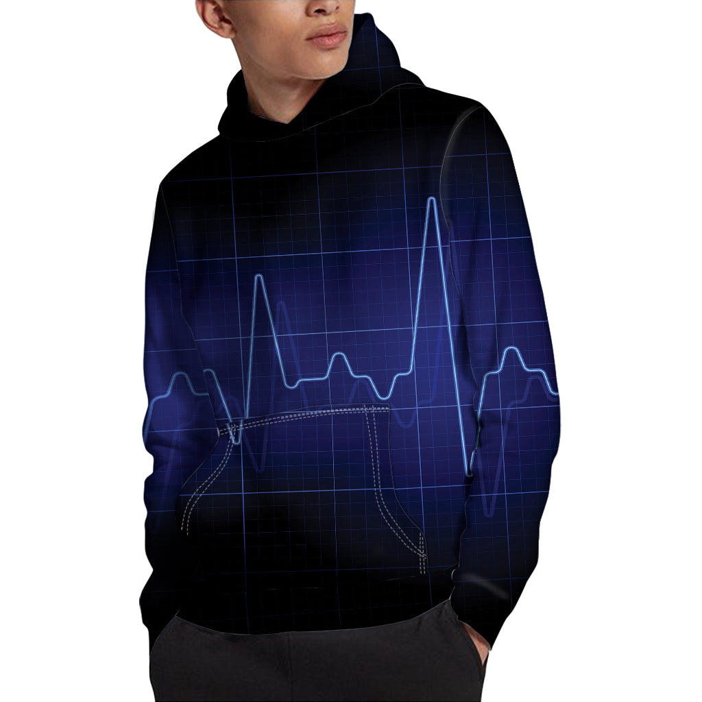 Blue Heartbeat Print Pullover Hoodie