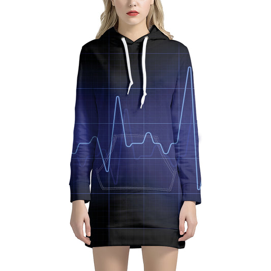 Blue Heartbeat Print Pullover Hoodie Dress