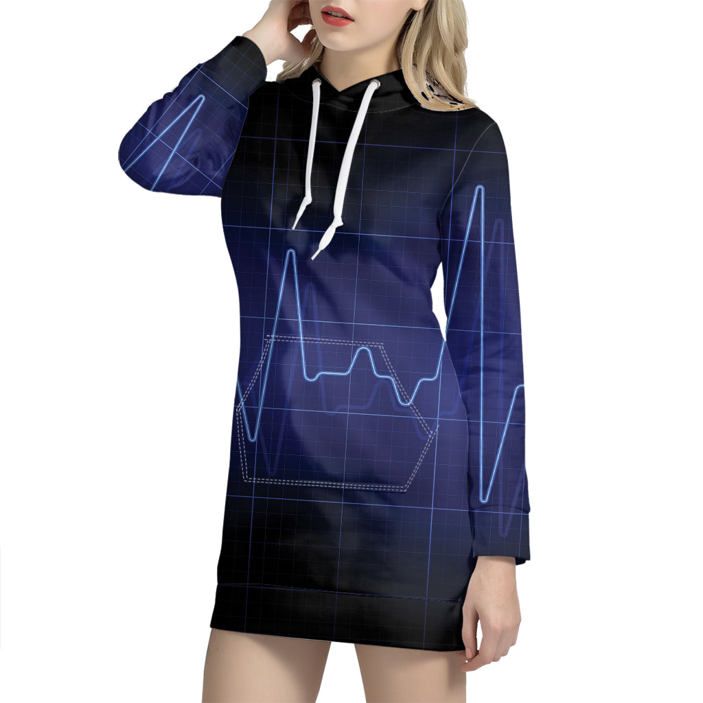 Blue Heartbeat Print Pullover Hoodie Dress