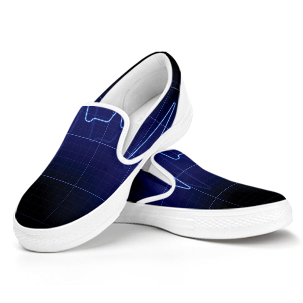 Blue Heartbeat Print White Slip On Shoes
