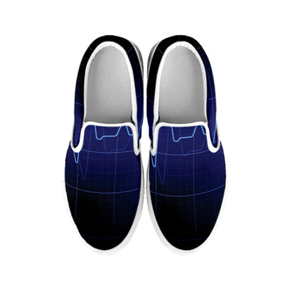 Blue Heartbeat Print White Slip On Shoes