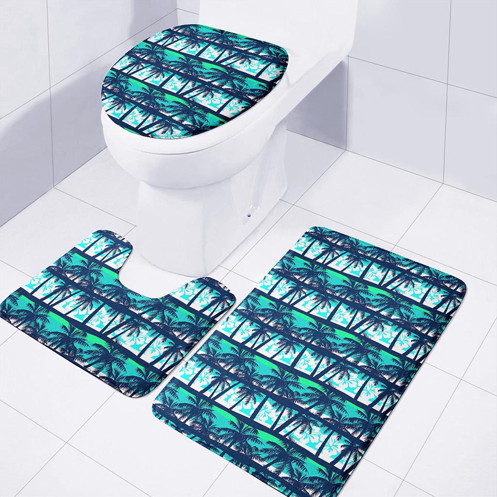 Blue Hibiscus Palm Tree Pattern Print 3 Piece Bath Mat Set