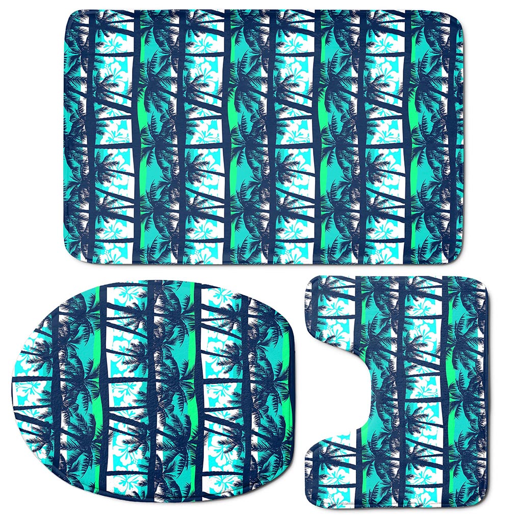 Blue Hibiscus Palm Tree Pattern Print 3 Piece Bath Mat Set