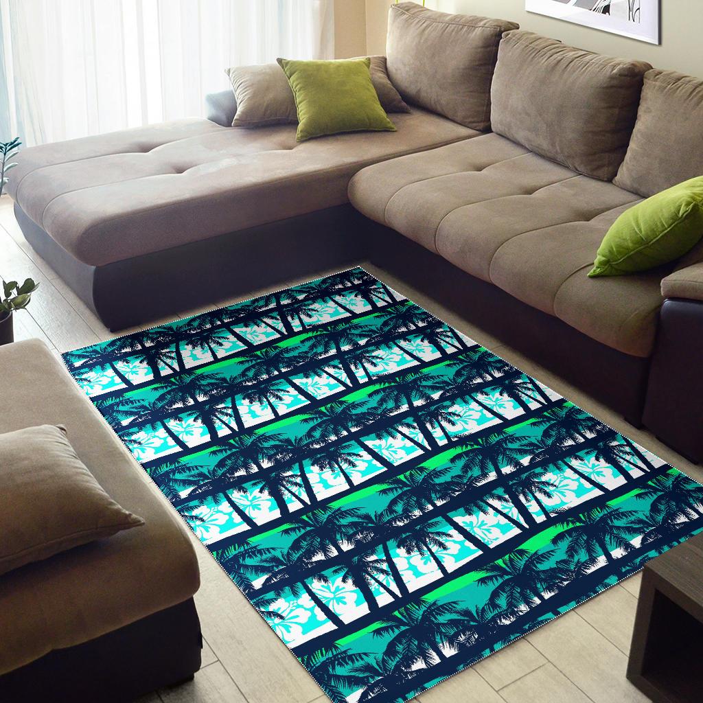 Blue Hibiscus Palm Tree Pattern Print Area Rug GearFrost