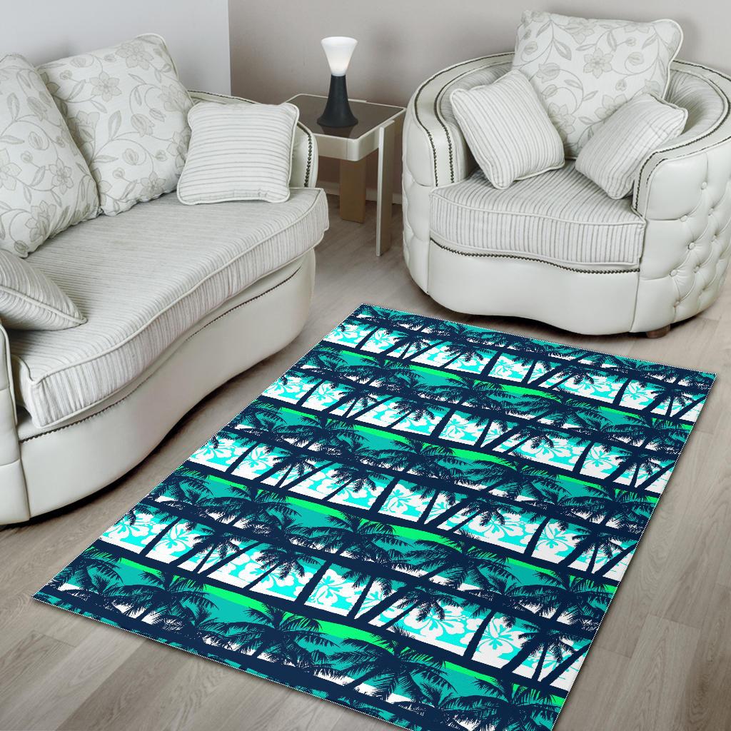 Blue Hibiscus Palm Tree Pattern Print Area Rug GearFrost