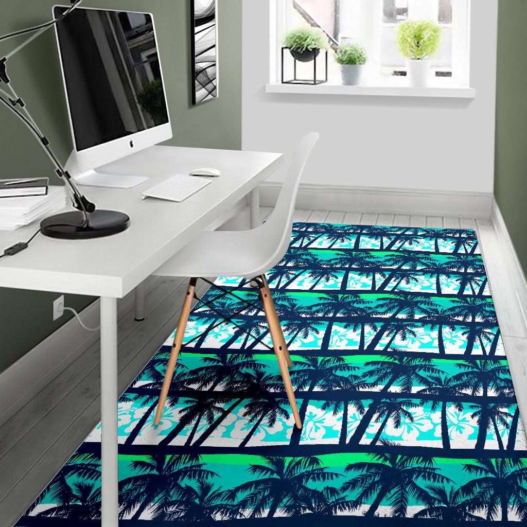 Blue Hibiscus Palm Tree Pattern Print Area Rug GearFrost