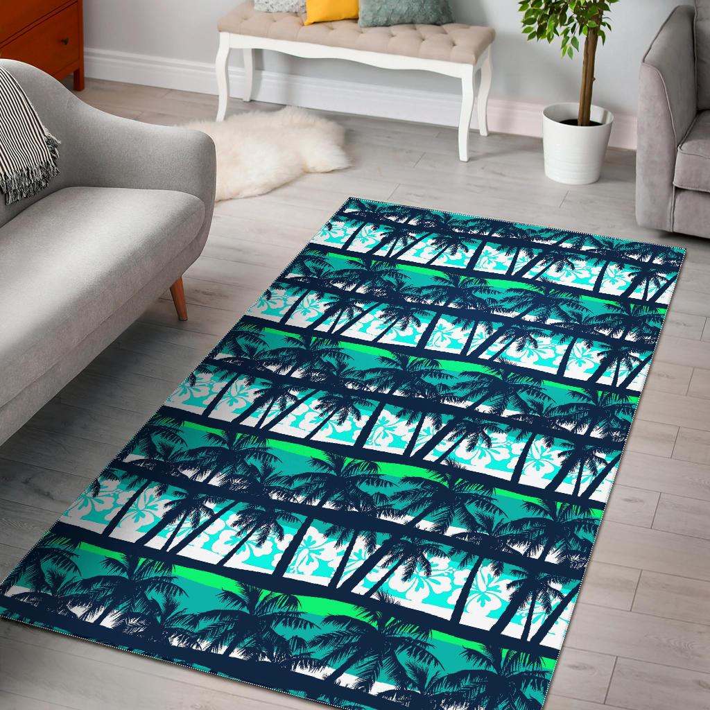 Blue Hibiscus Palm Tree Pattern Print Area Rug GearFrost