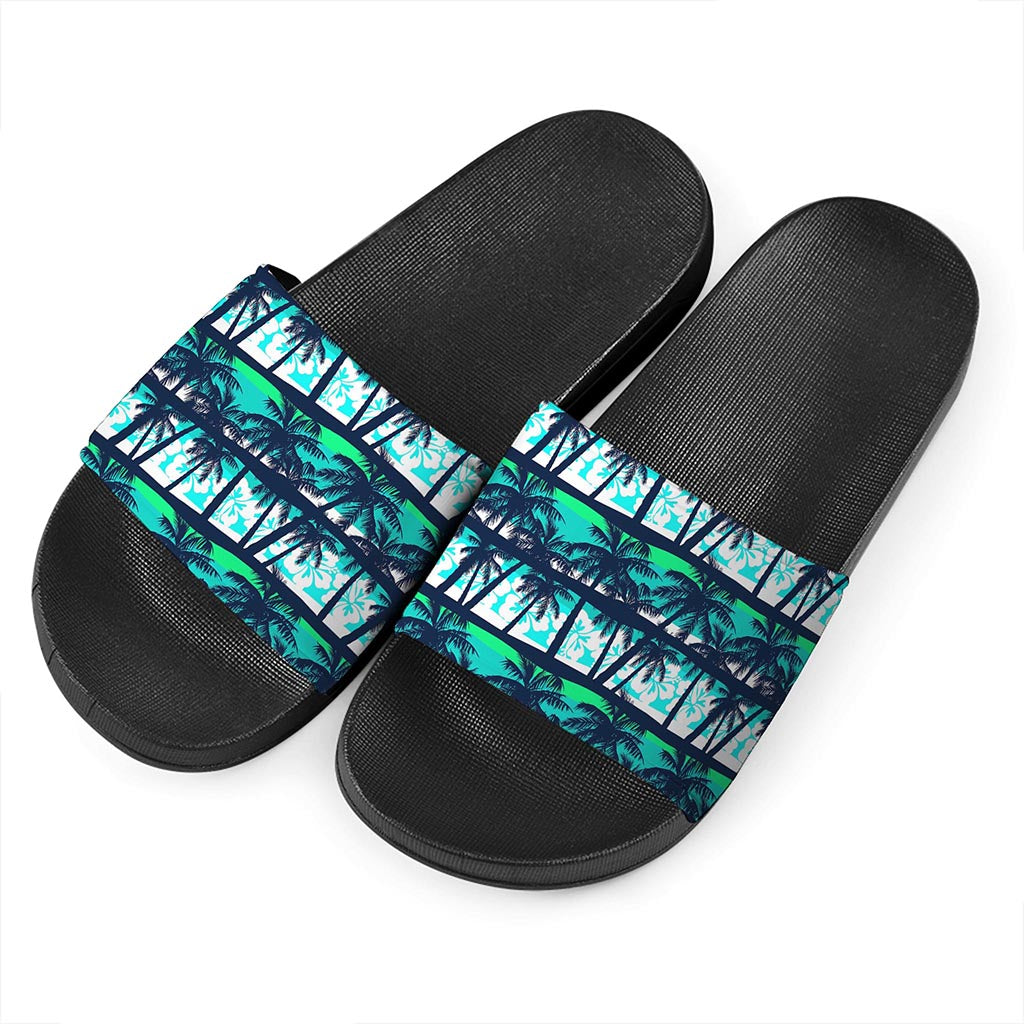 Blue Hibiscus Palm Tree Pattern Print Black Slide Sandals