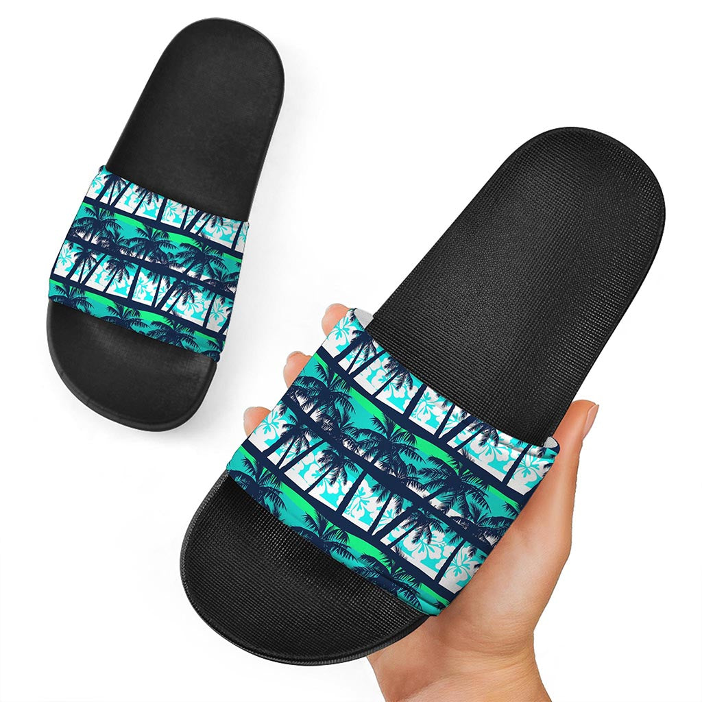 Blue Hibiscus Palm Tree Pattern Print Black Slide Sandals