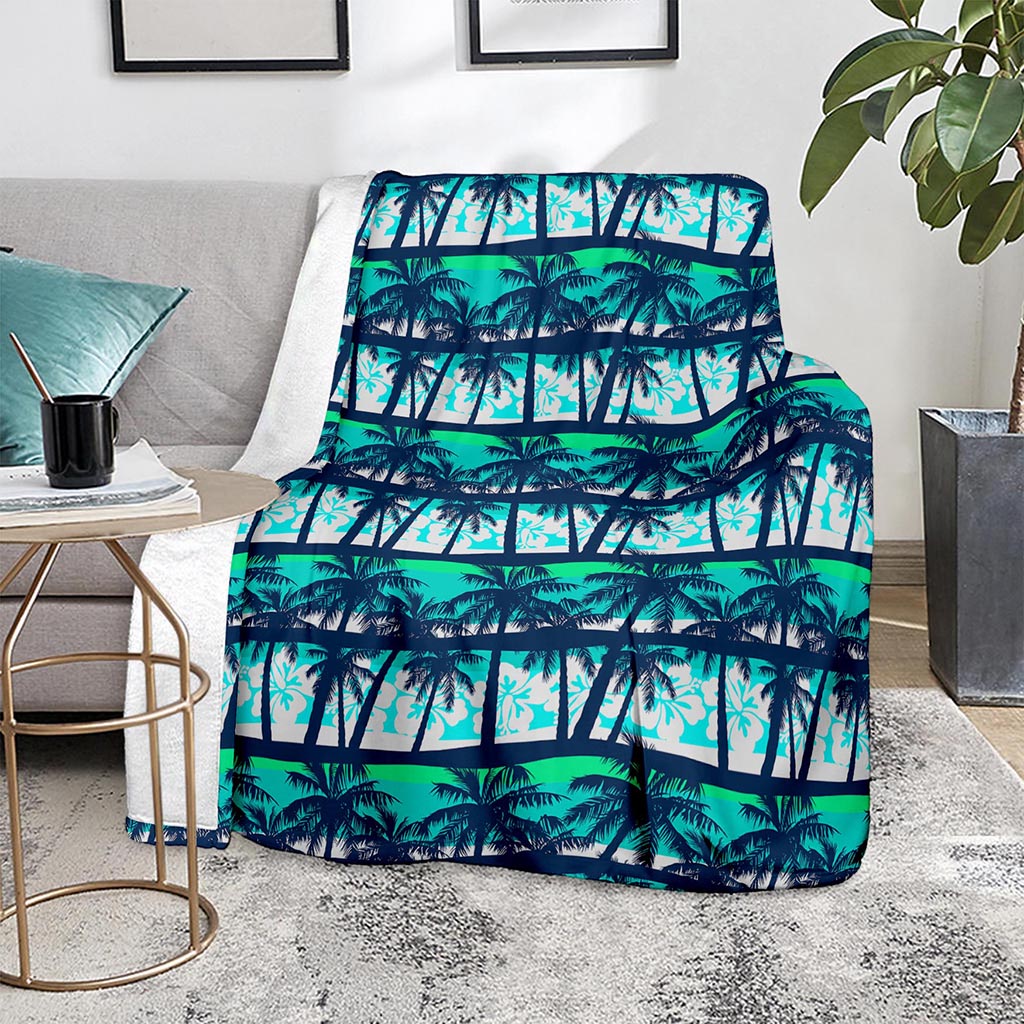 Blue Hibiscus Palm Tree Pattern Print Blanket