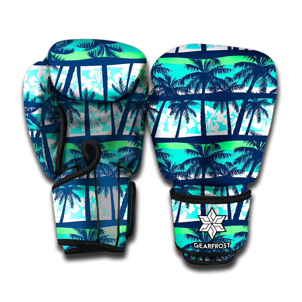 Blue Hibiscus Palm Tree Pattern Print Boxing Gloves