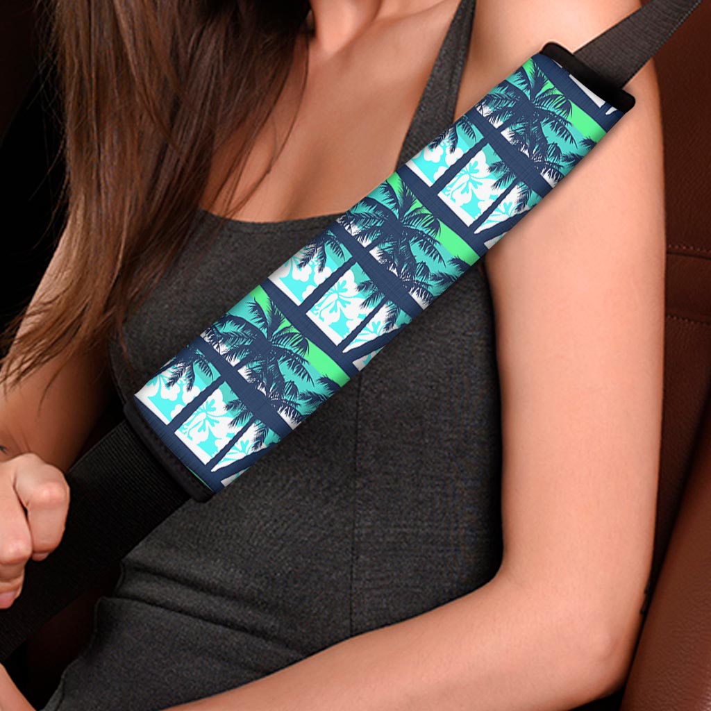 Blue Hibiscus Palm Tree Pattern Print Car Seat Belt Covers