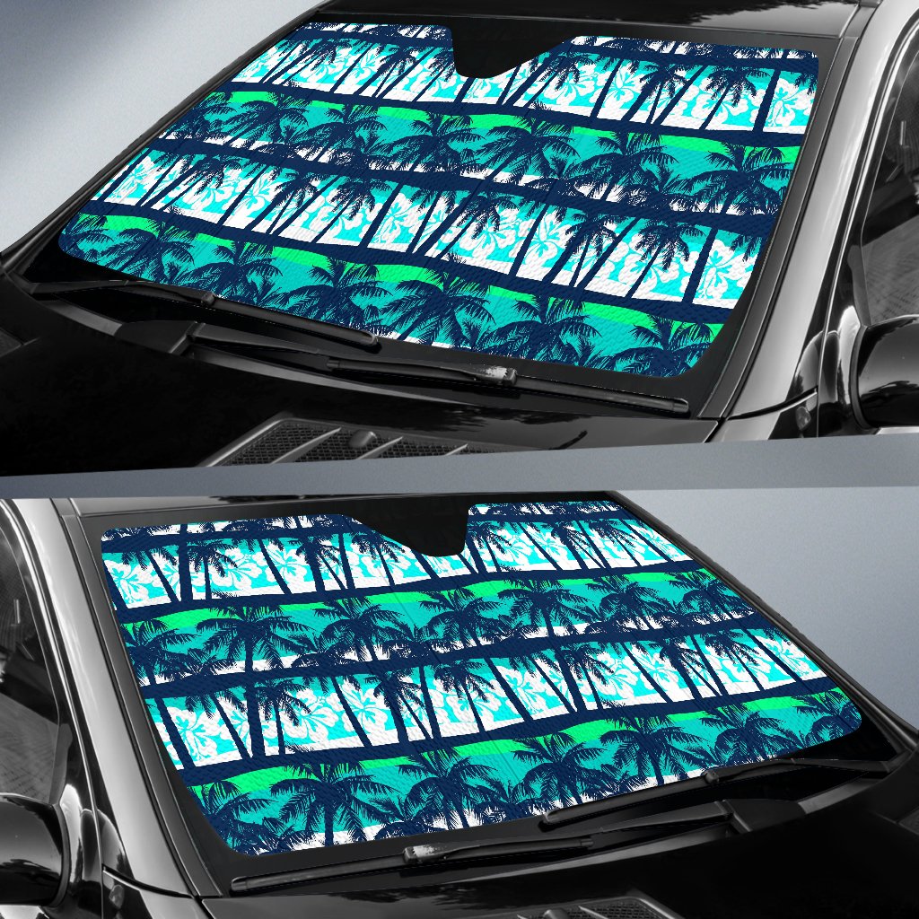 Blue Hibiscus Palm Tree Pattern Print Car Sun Shade GearFrost