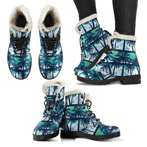 Blue Hibiscus Palm Tree Pattern Print Comfy Boots GearFrost