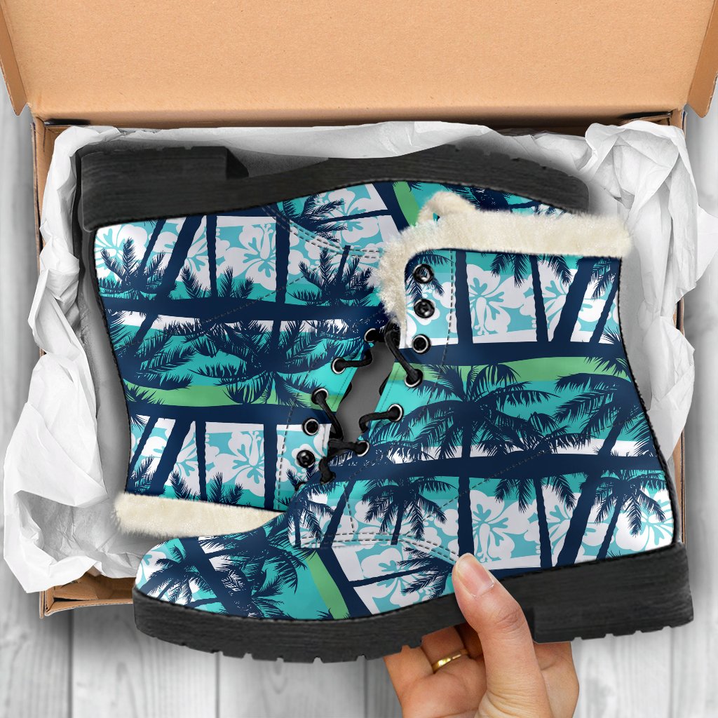 Blue Hibiscus Palm Tree Pattern Print Comfy Boots GearFrost