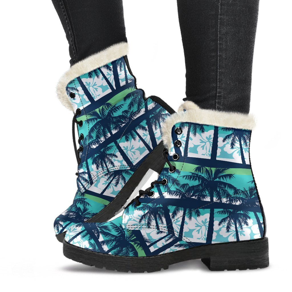 Blue Hibiscus Palm Tree Pattern Print Comfy Boots GearFrost