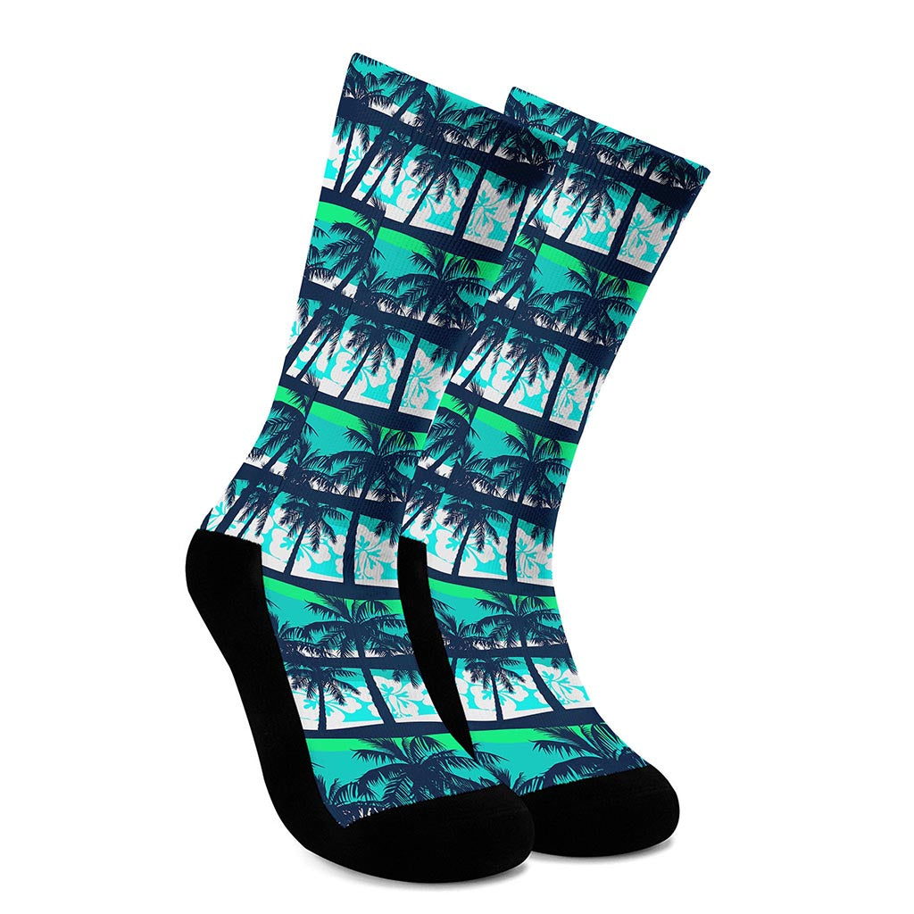 Blue Hibiscus Palm Tree Pattern Print Crew Socks