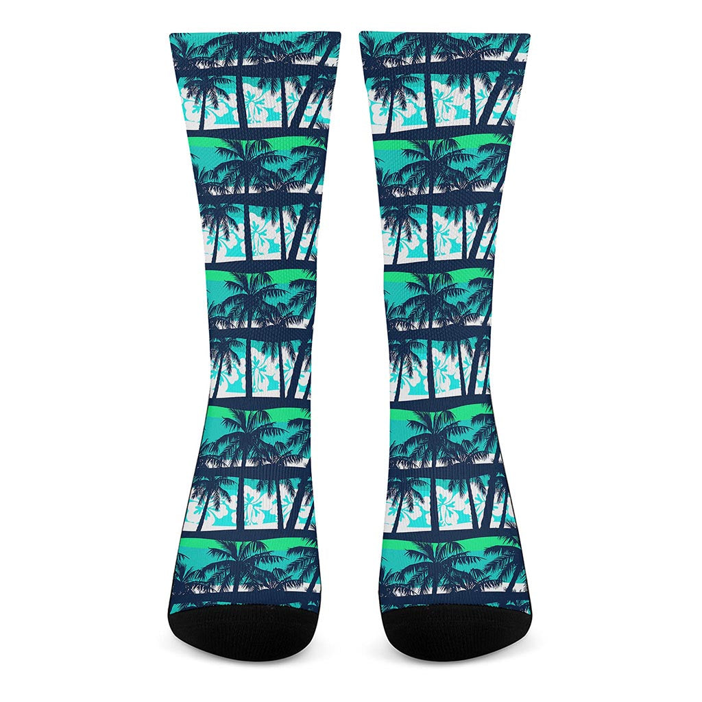 Blue Hibiscus Palm Tree Pattern Print Crew Socks