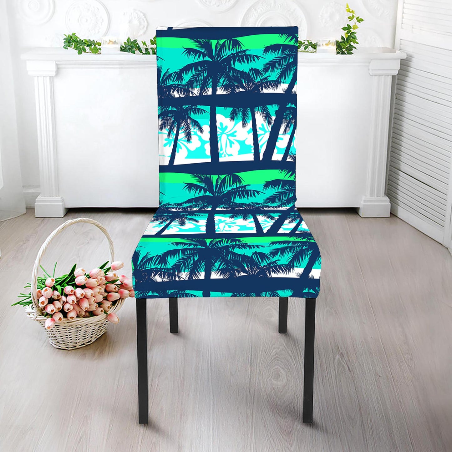 Blue Hibiscus Palm Tree Pattern Print Dining Chair Slipcover