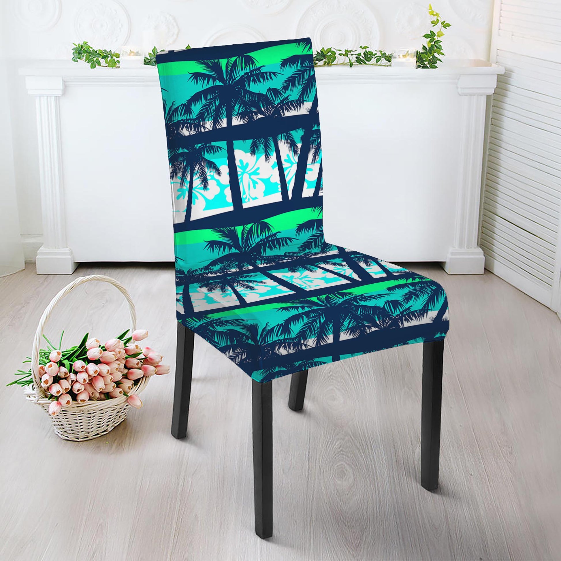 Blue Hibiscus Palm Tree Pattern Print Dining Chair Slipcover