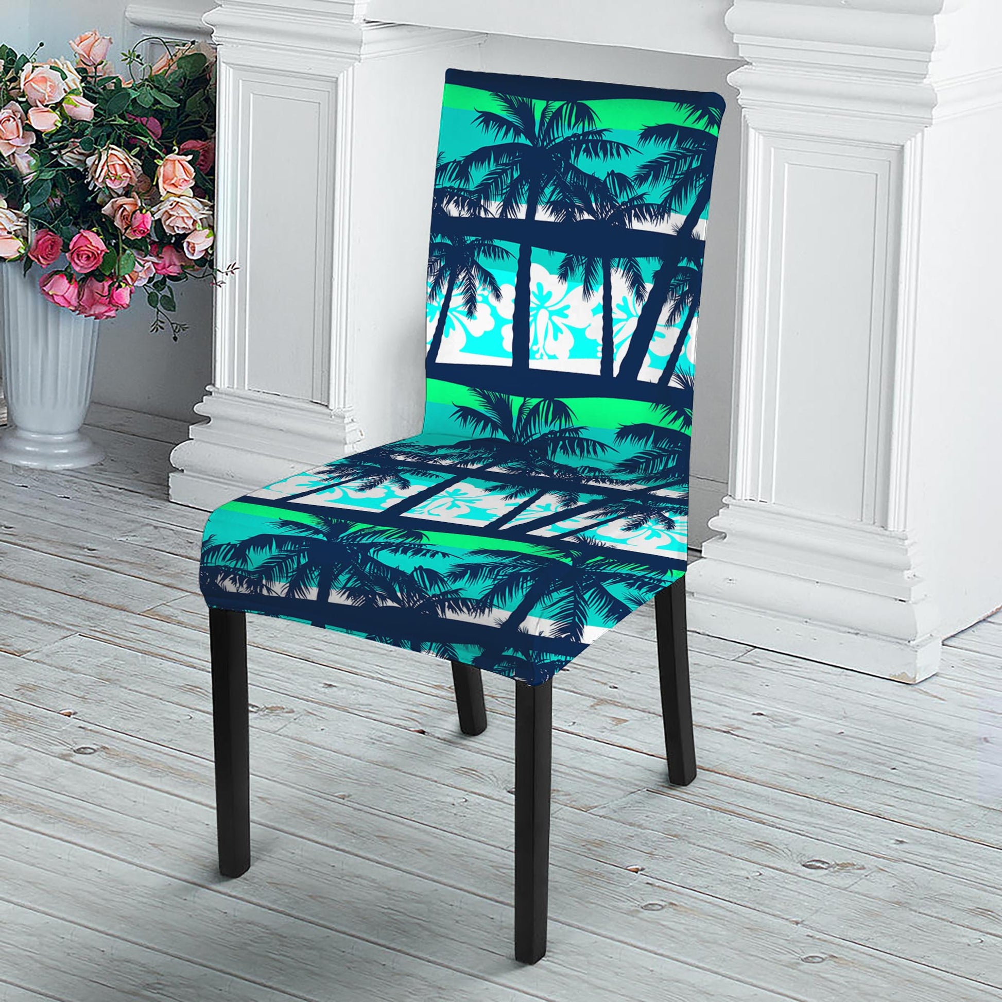 Blue Hibiscus Palm Tree Pattern Print Dining Chair Slipcover