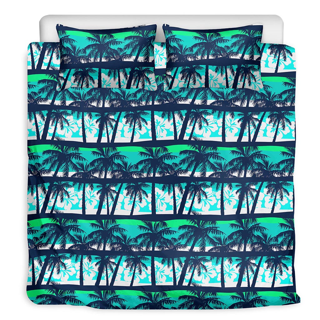 Blue Hibiscus Palm Tree Pattern Print Duvet Cover Bedding Set