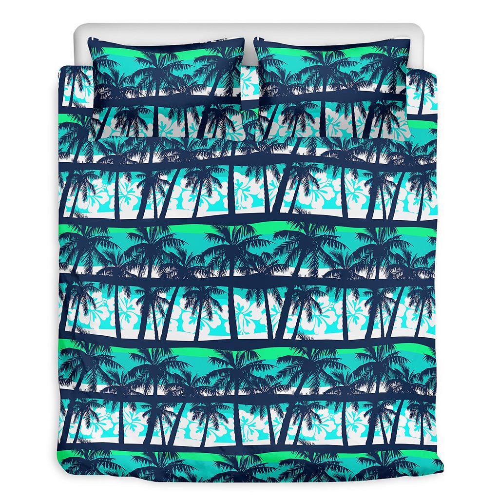 Blue Hibiscus Palm Tree Pattern Print Duvet Cover Bedding Set