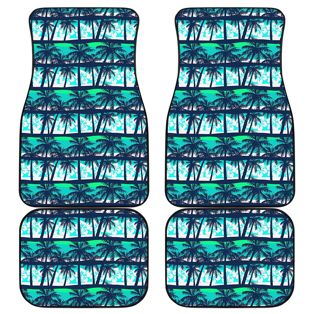 Blue Hibiscus Palm Tree Pattern Print Front and Back Car Floor Mats