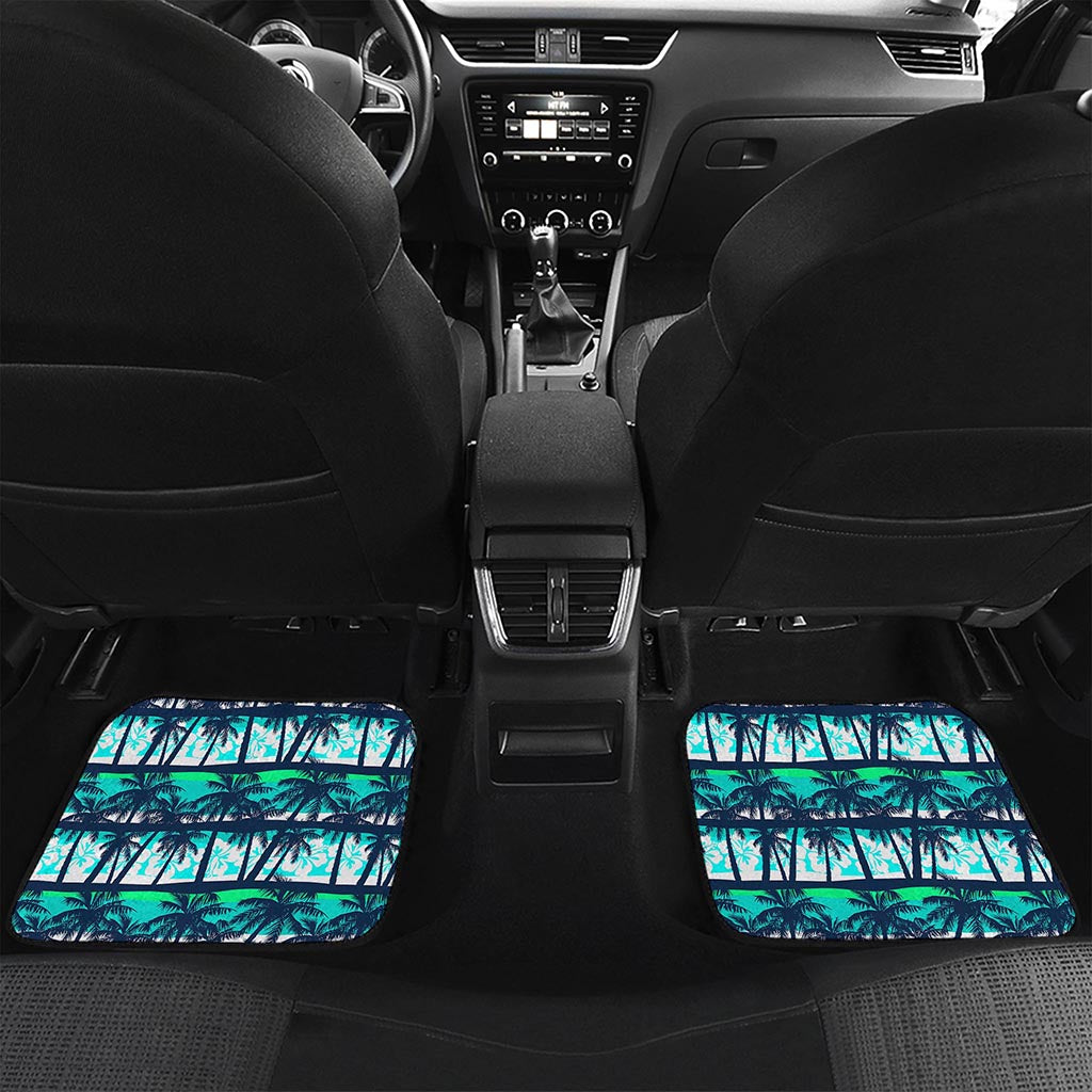 Blue Hibiscus Palm Tree Pattern Print Front and Back Car Floor Mats