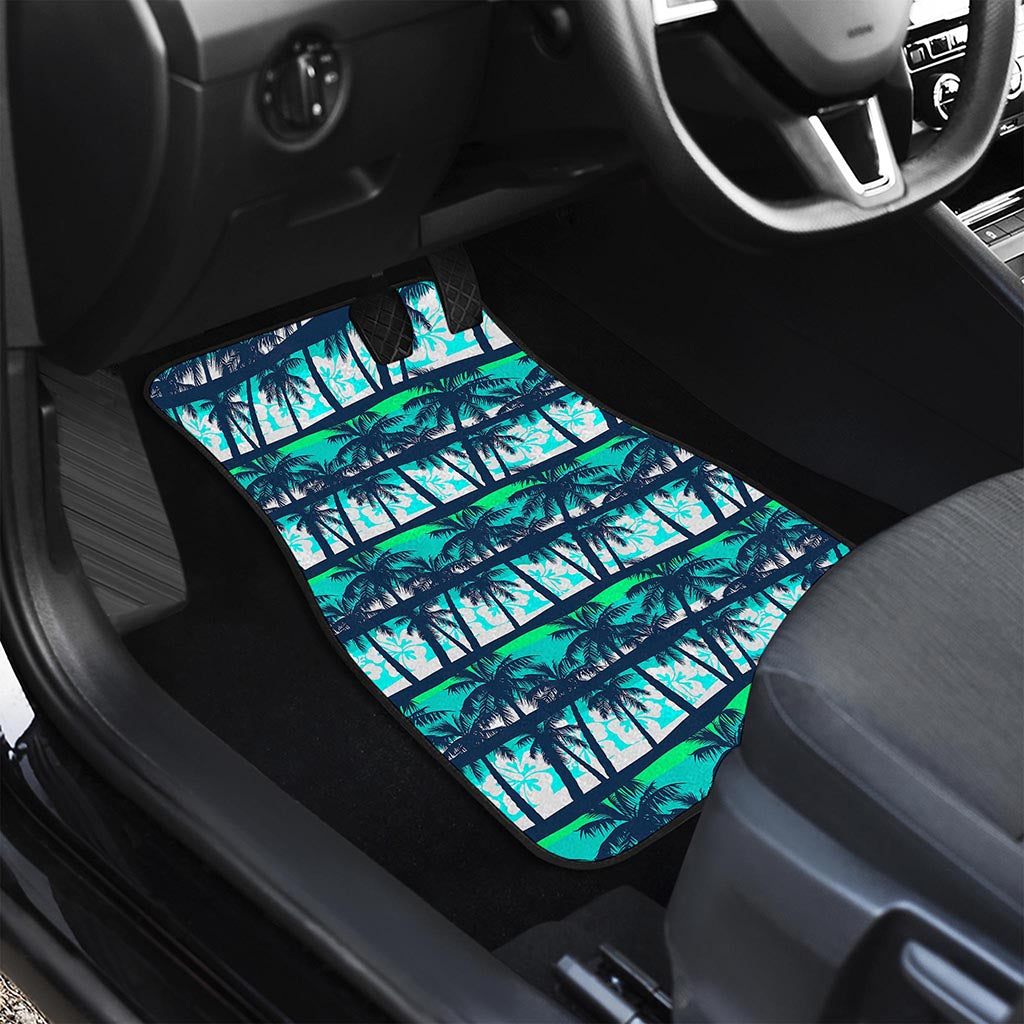 Blue Hibiscus Palm Tree Pattern Print Front and Back Car Floor Mats