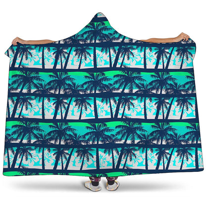 Blue Hibiscus Palm Tree Pattern Print Hooded Blanket