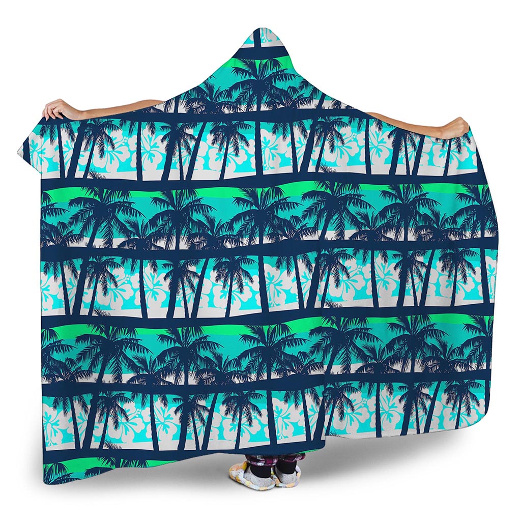 Blue Hibiscus Palm Tree Pattern Print Hooded Blanket