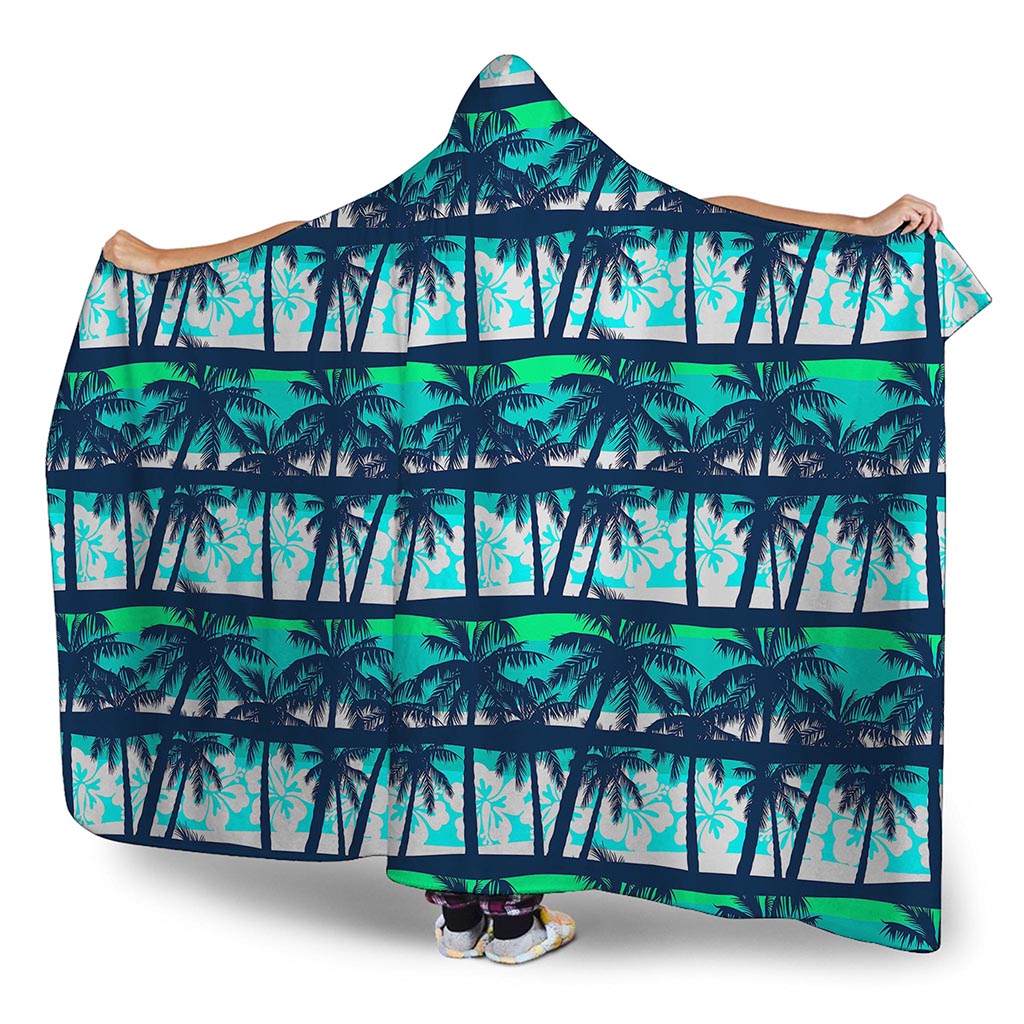 Blue Hibiscus Palm Tree Pattern Print Hooded Blanket