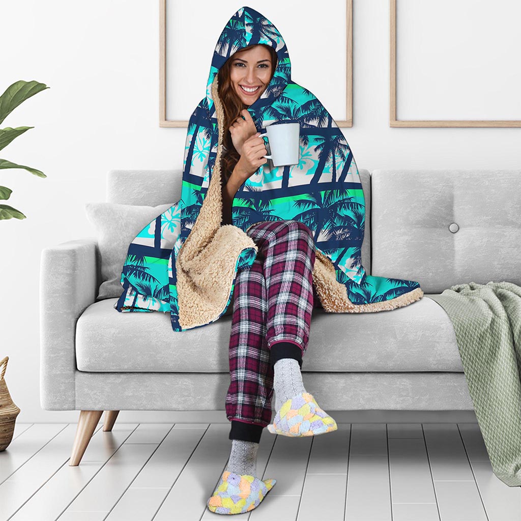 Blue Hibiscus Palm Tree Pattern Print Hooded Blanket