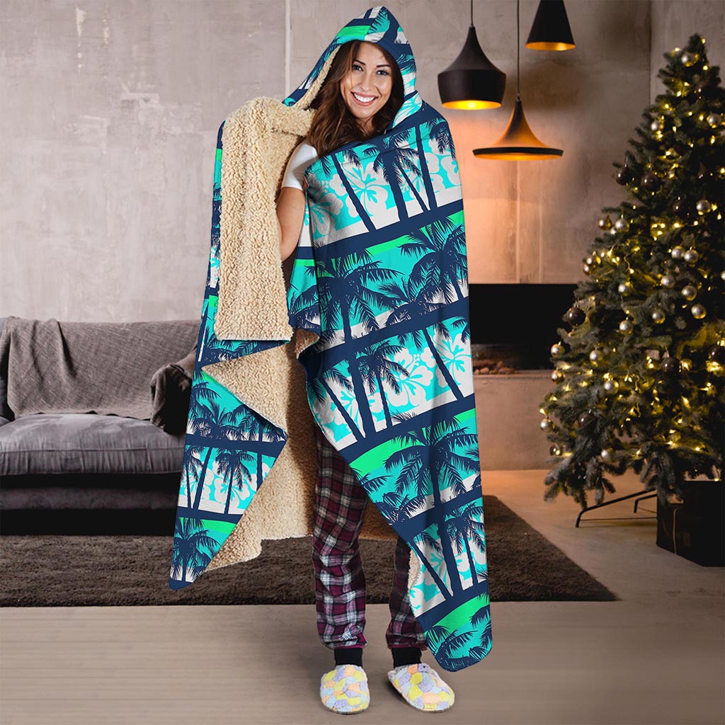 Blue Hibiscus Palm Tree Pattern Print Hooded Blanket