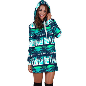 Blue Hibiscus Palm Tree Pattern Print Hoodie Dress GearFrost