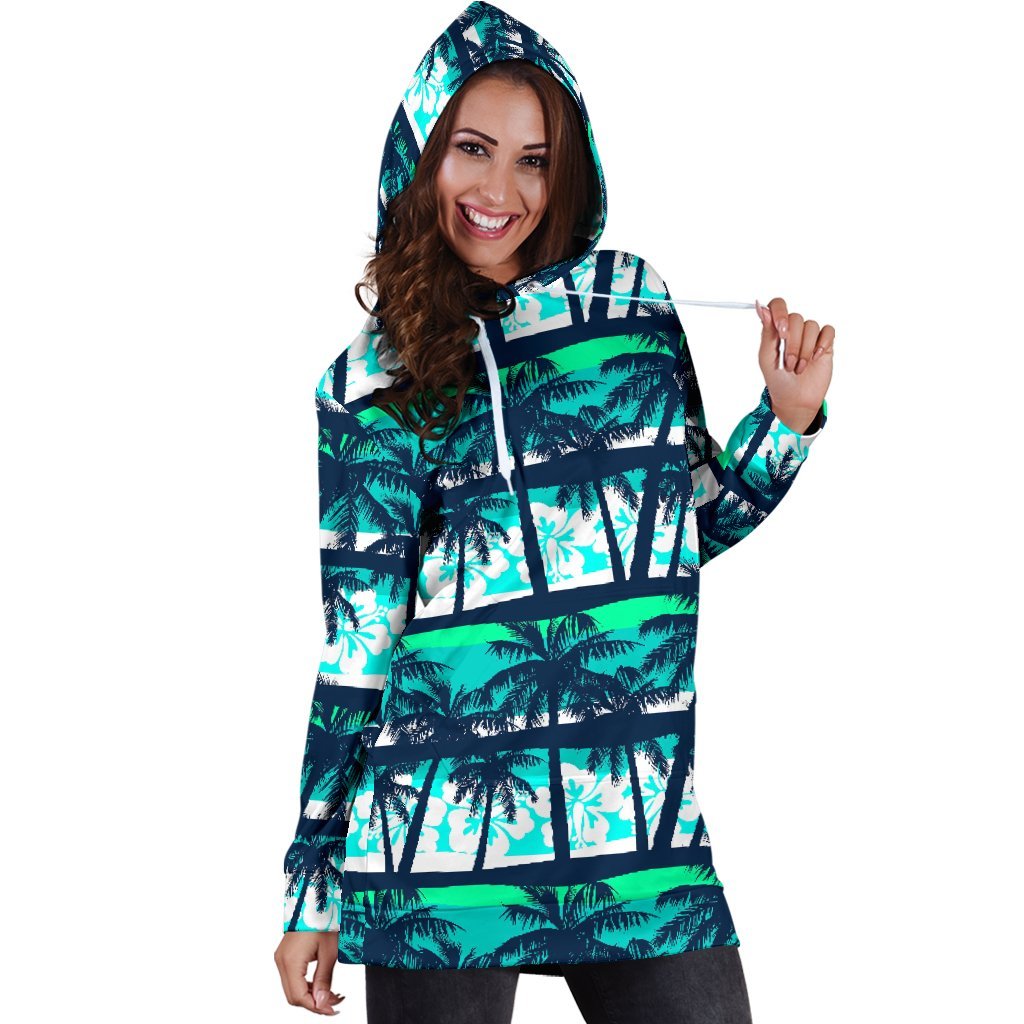 Blue Hibiscus Palm Tree Pattern Print Hoodie Dress GearFrost