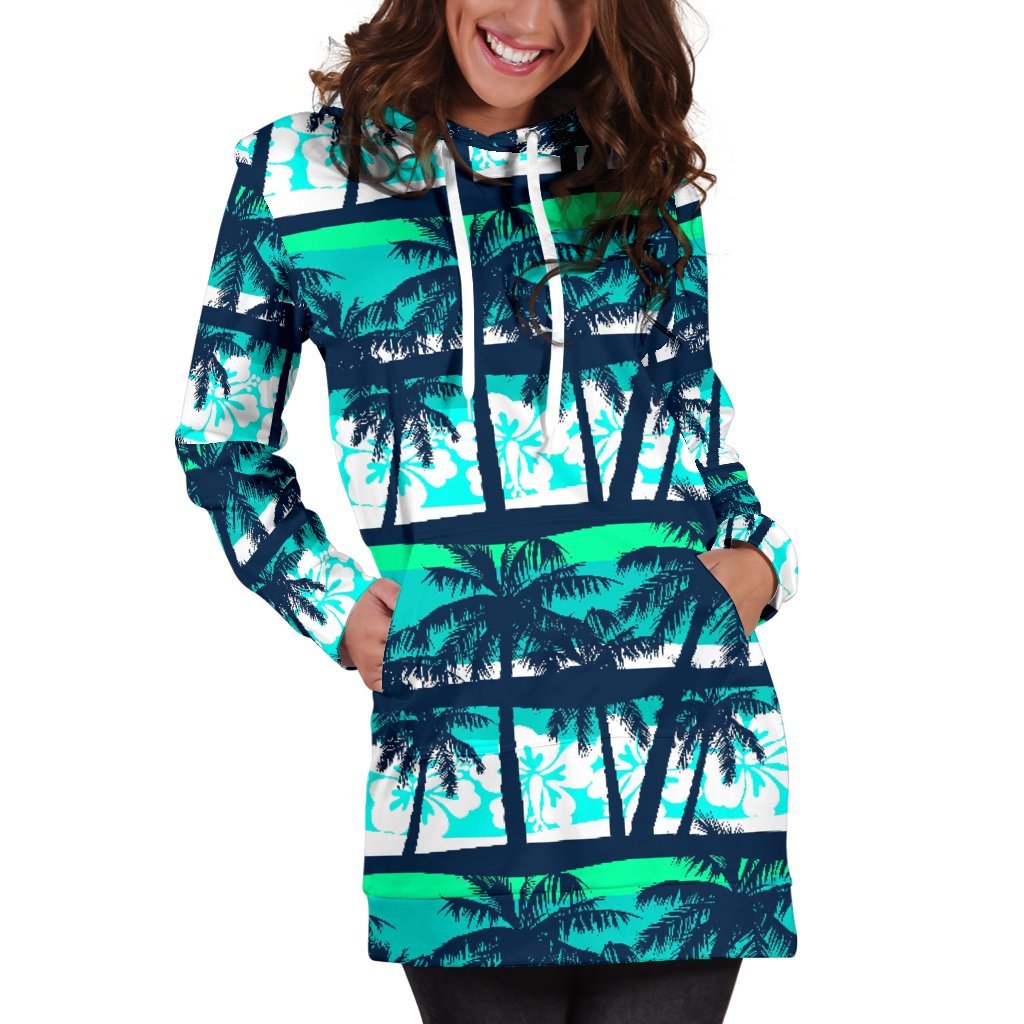 Blue Hibiscus Palm Tree Pattern Print Hoodie Dress GearFrost