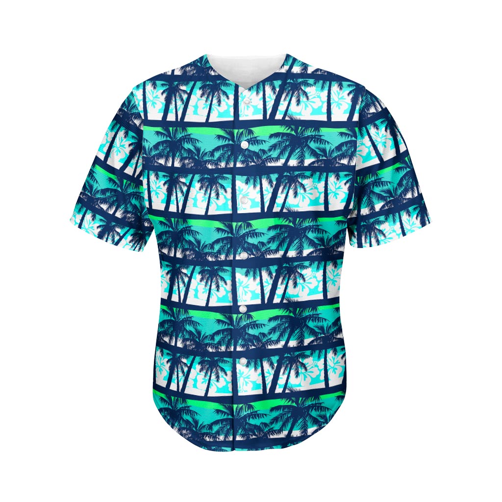 Blue Hibiscus Palm Tree Pattern Print Men's Baseball Jersey