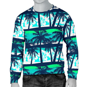 Blue Hibiscus Palm Tree Pattern Print Men's Crewneck Sweatshirt GearFrost