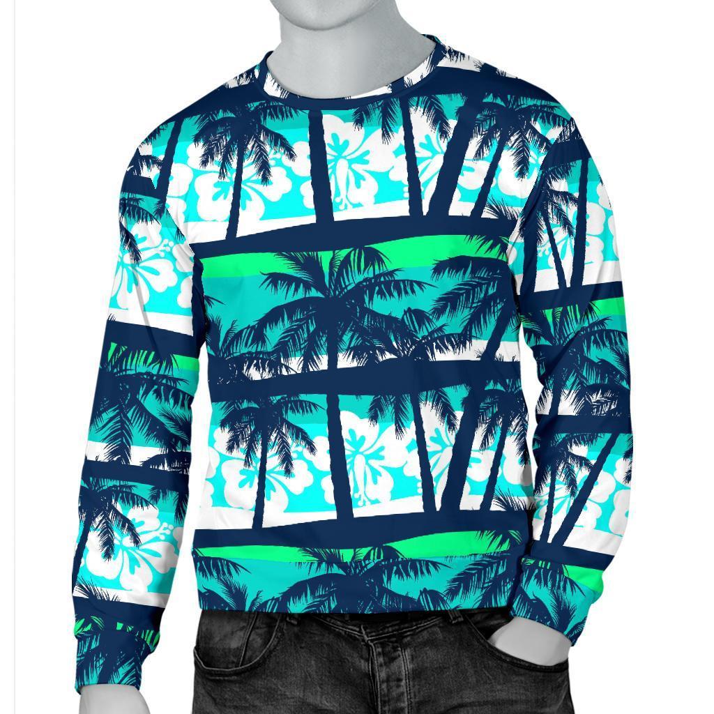 Blue Hibiscus Palm Tree Pattern Print Men's Crewneck Sweatshirt GearFrost