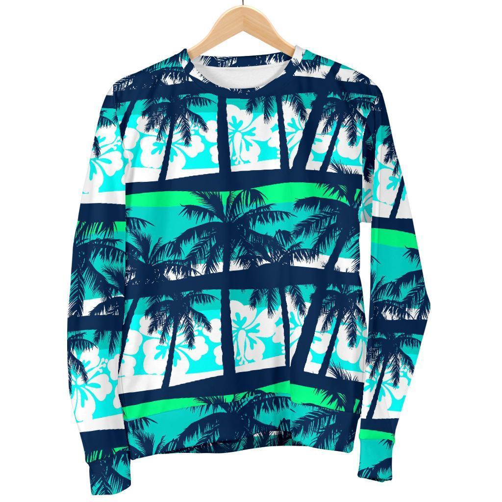 Blue Hibiscus Palm Tree Pattern Print Men's Crewneck Sweatshirt GearFrost