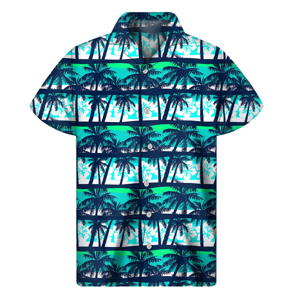 Blue Hibiscus Palm Tree Pattern Print Men's Short Sleeve Shirt